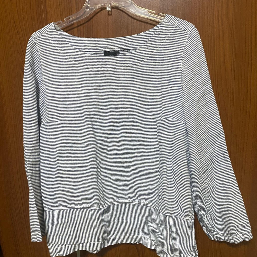 Tahari Navy & White Striped Boatneck Long-Sleeve Linen Nautical Top Small